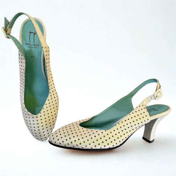 Thierry Rabotin Cream and Green Polka Dot Women's Heels - Picture 1 of 4